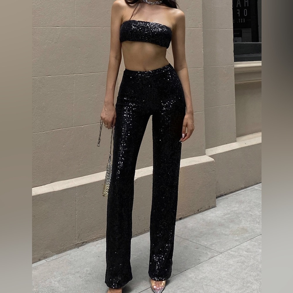 Black Sequin Banjul 2 Piece Crop Bandeau and Pants Set Size L